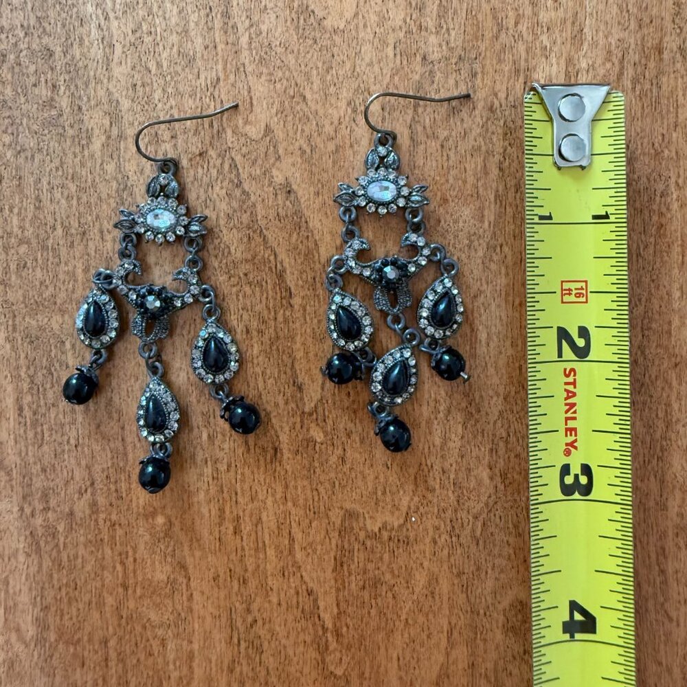 Fun Faux Rhinestone & Black Silver-Tone Dangly Floral Teardrop Earrings - Picture 4 of 8